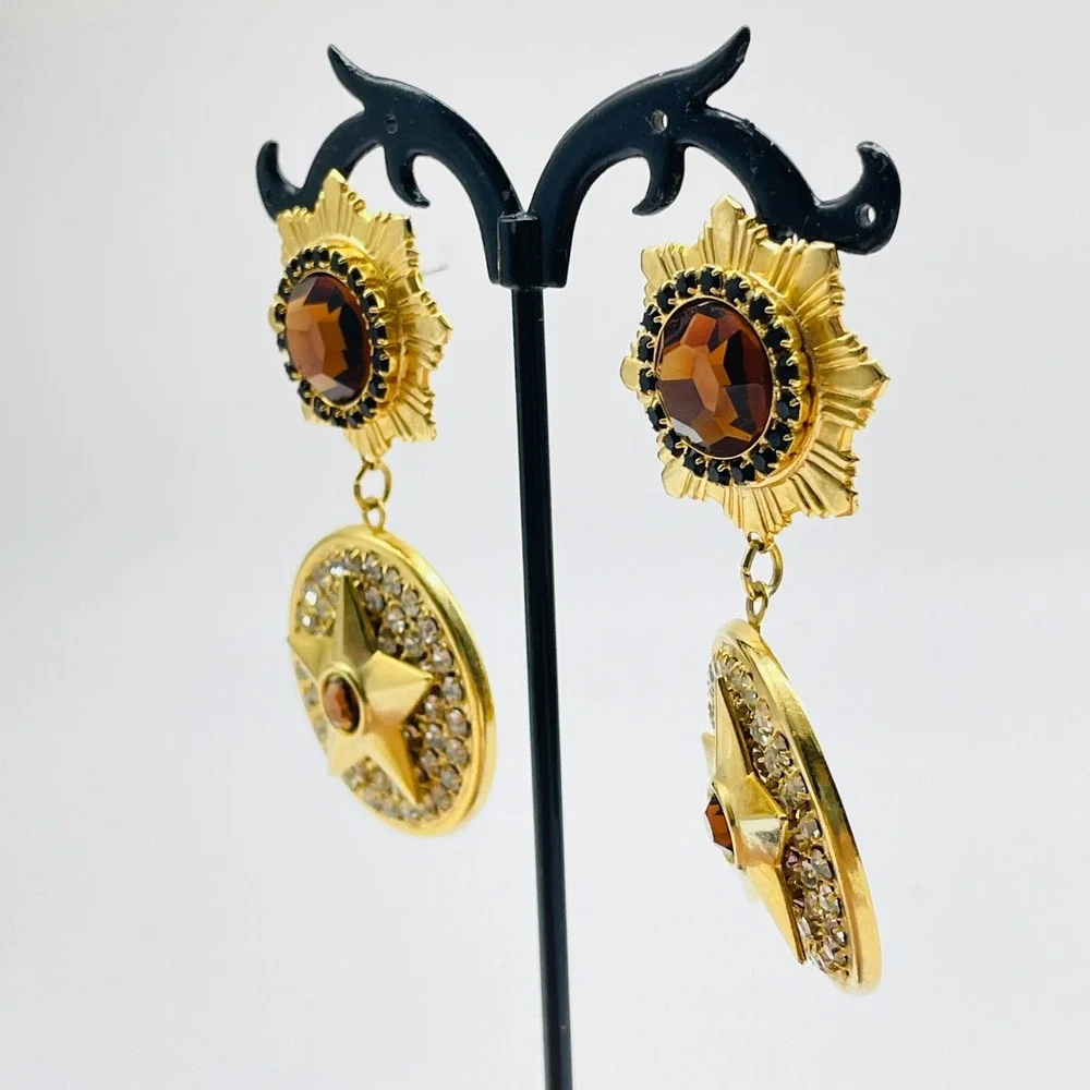 Vintage Pierced Earrings Rhinestone Star Medallion Drop  Cognac Gold Tone